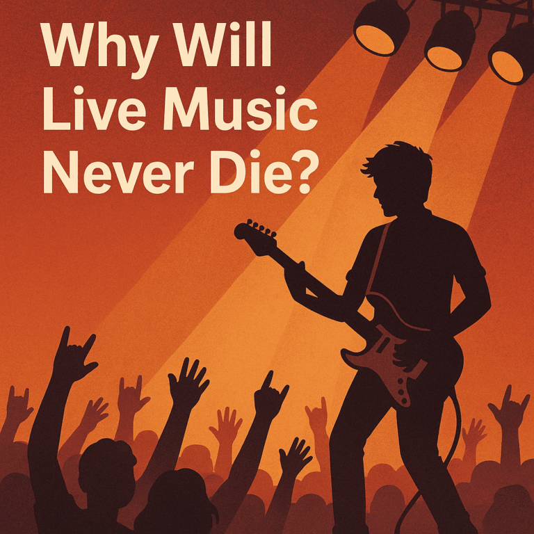 Blog article titled “Why Will Live Music Never Die?” exploring the enduring appeal of live performances.