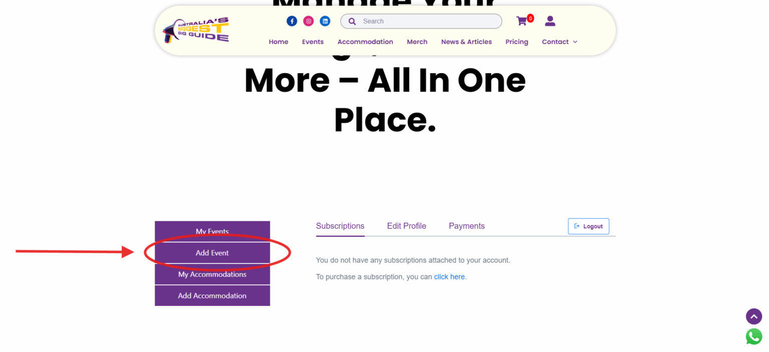 Screenshot showing the ABBG dashboard with the “Add Event” option highlighted, guiding users through the next steps to create a new event.