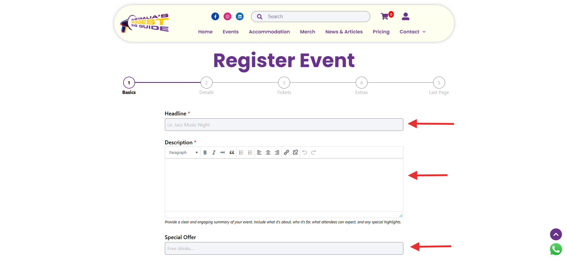 Screenshot of the ABBG event form showing fields to enter event details, reminding users to complete all information before continuing to the next step.