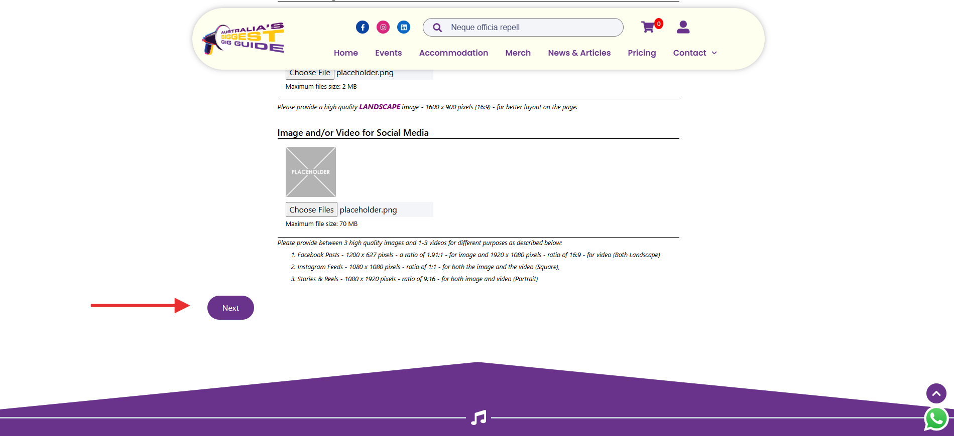 Screenshot of the ABBG event form showing the “Next” button, instructing users to proceed after completing all required event information.
