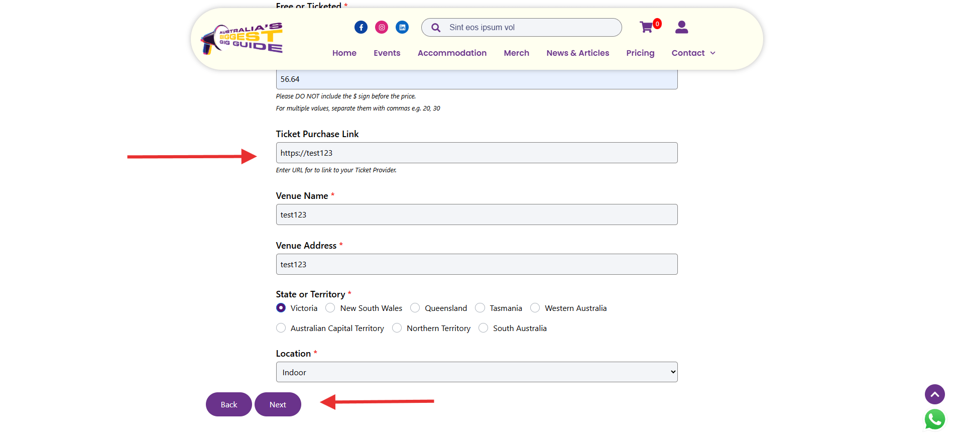 Screenshot of the ABBG event form showing fields for venue names, addresses, and ticket links, reminding users to enter accurate information before proceeding.