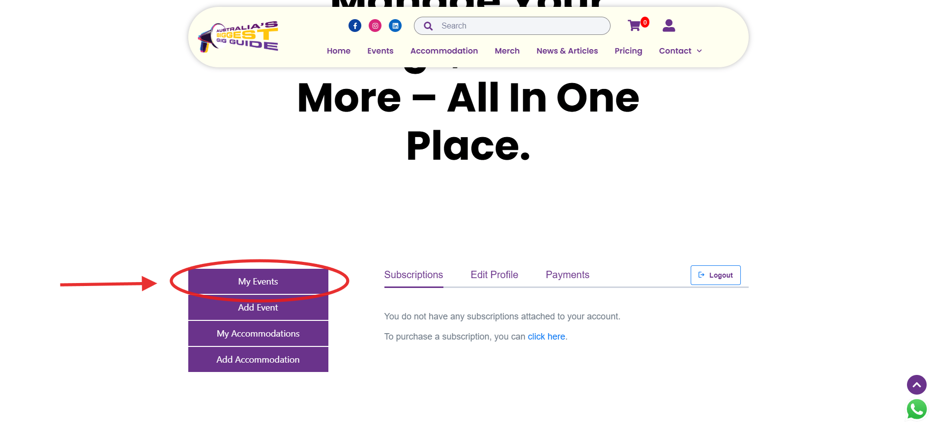 Screenshot showing the ABBG account menu with “Manage your account” open and the “My Events” section selected, displaying the list of events previously added.