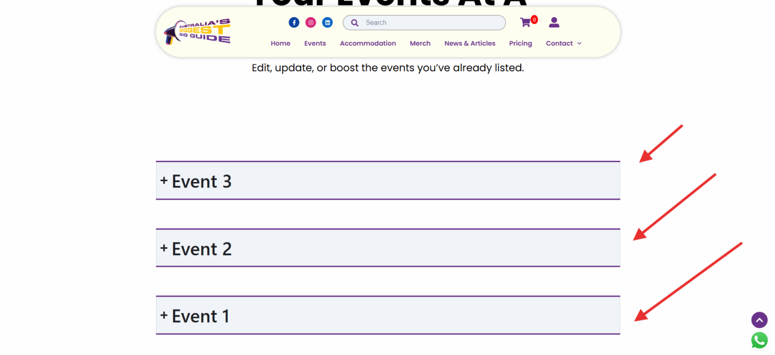 Screenshot showing the ABBG My Events page displaying all events the user has added, with options to view, edit, or manage each event.