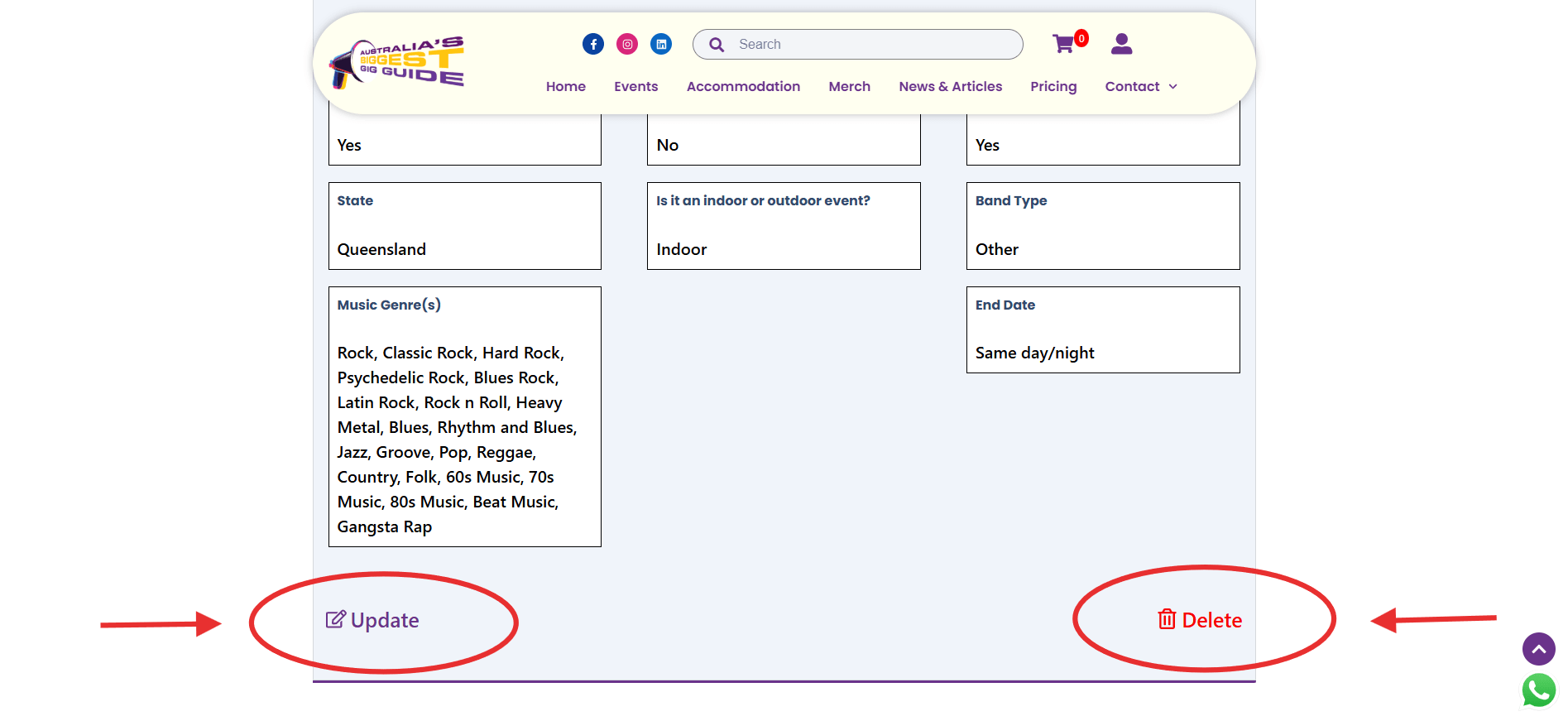 Screenshot showing the ABBG My Events page with an event selected, displaying options to update or delete the event from the list.