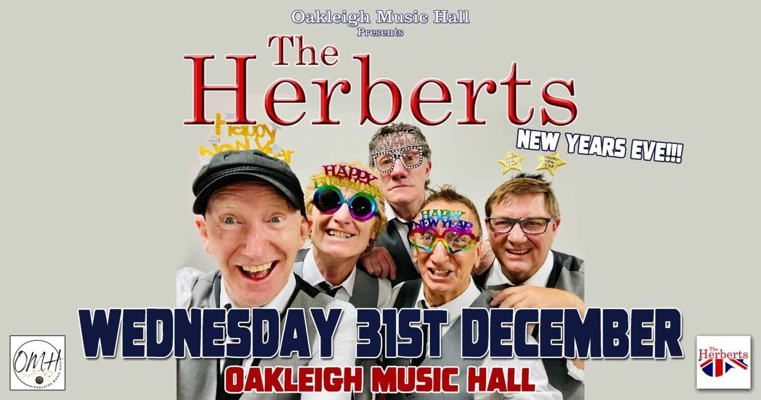 Promotional poster for The Herberts featuring five band members wearing festive New Year glasses and hats, advertising a New Year’s Eve show at Oakleigh Music Hall.