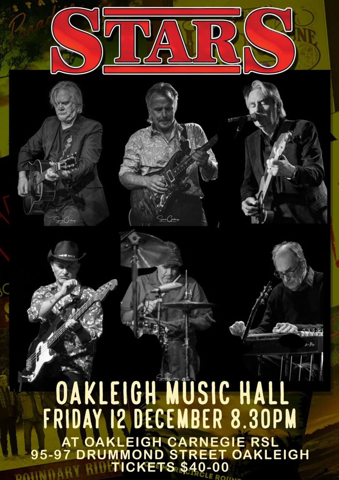 Promotional poster for the band Stars featuring black-and-white photos of six musicians performing, advertising a live show at Oakleigh Music Hall.
