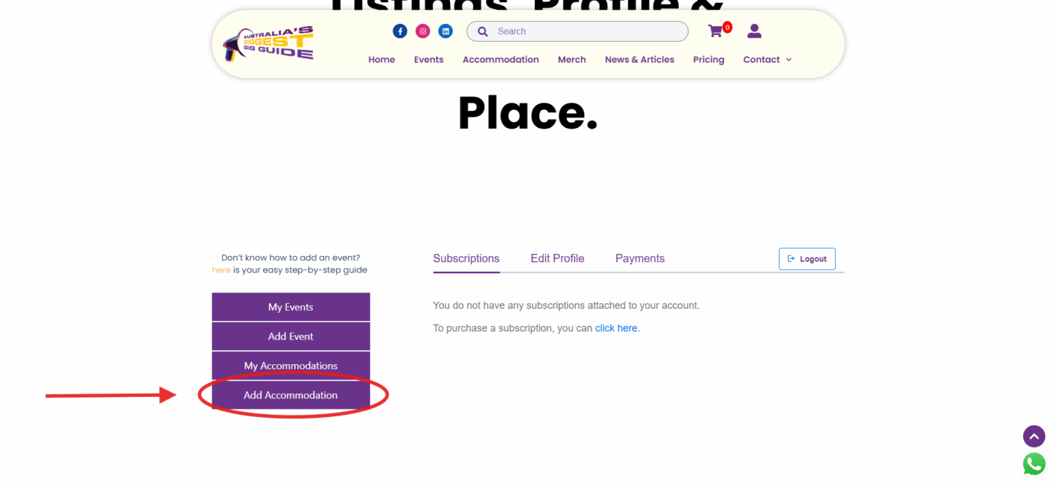 Instruction telling users to go to “Add Accommodation” in the website menus.