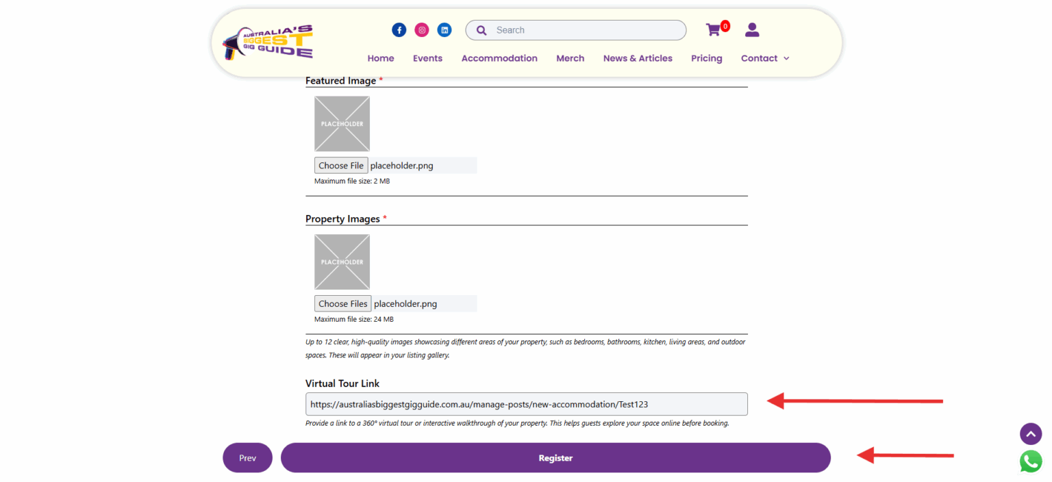 Final step instructions: add all images, check links, then click Register.
