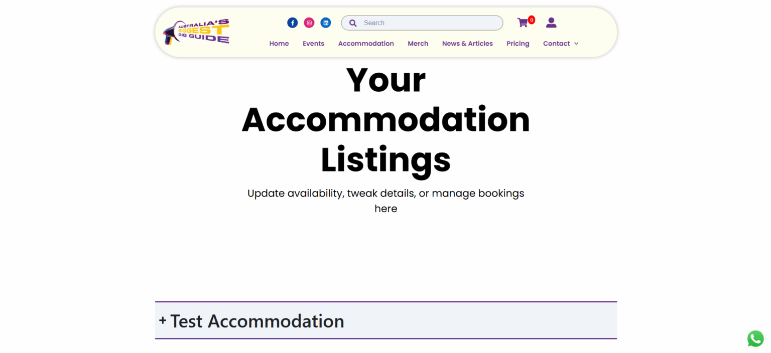 Screen showing all of a user’s accommodation listings with options to press each one to edit or delete.