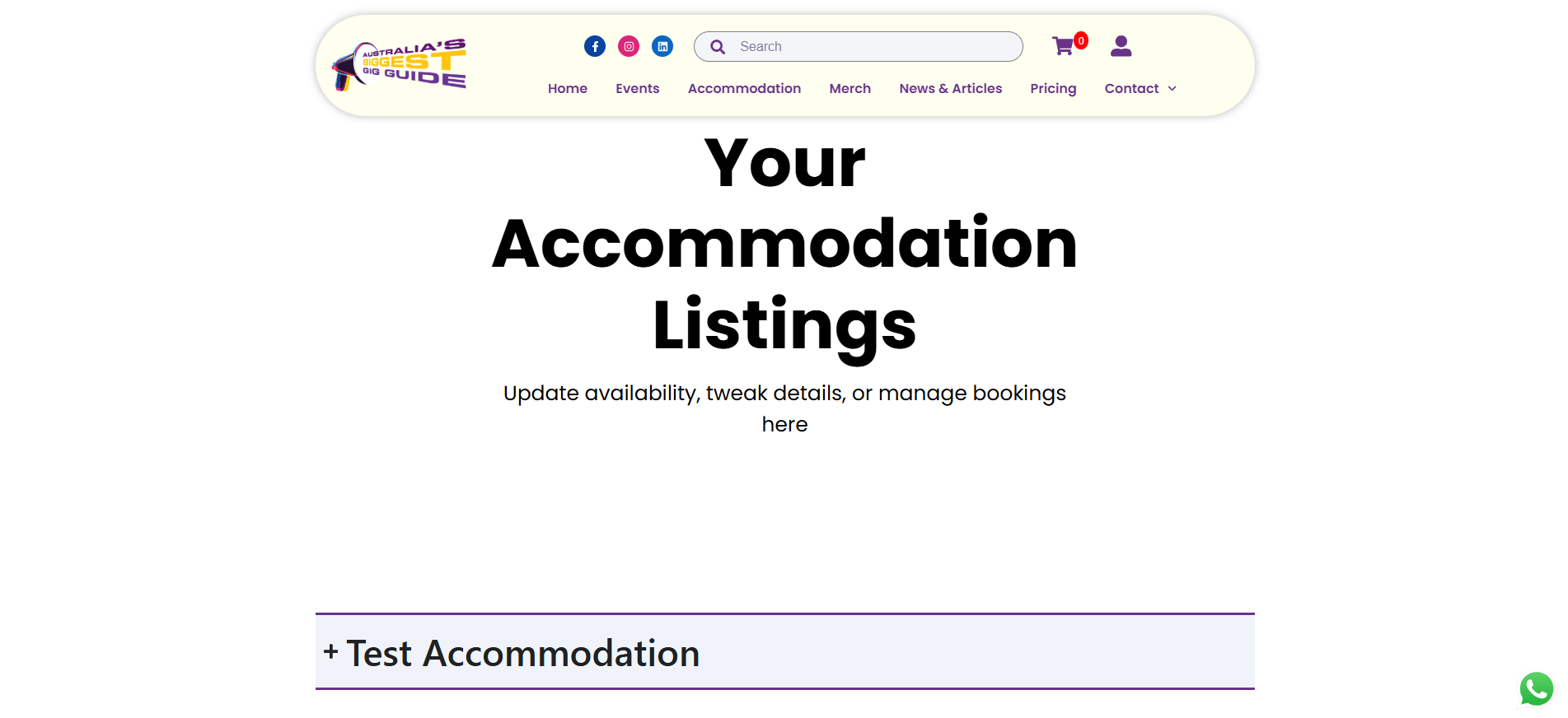 Screen showing all of a user’s accommodation listings with options to press each one to edit or delete.