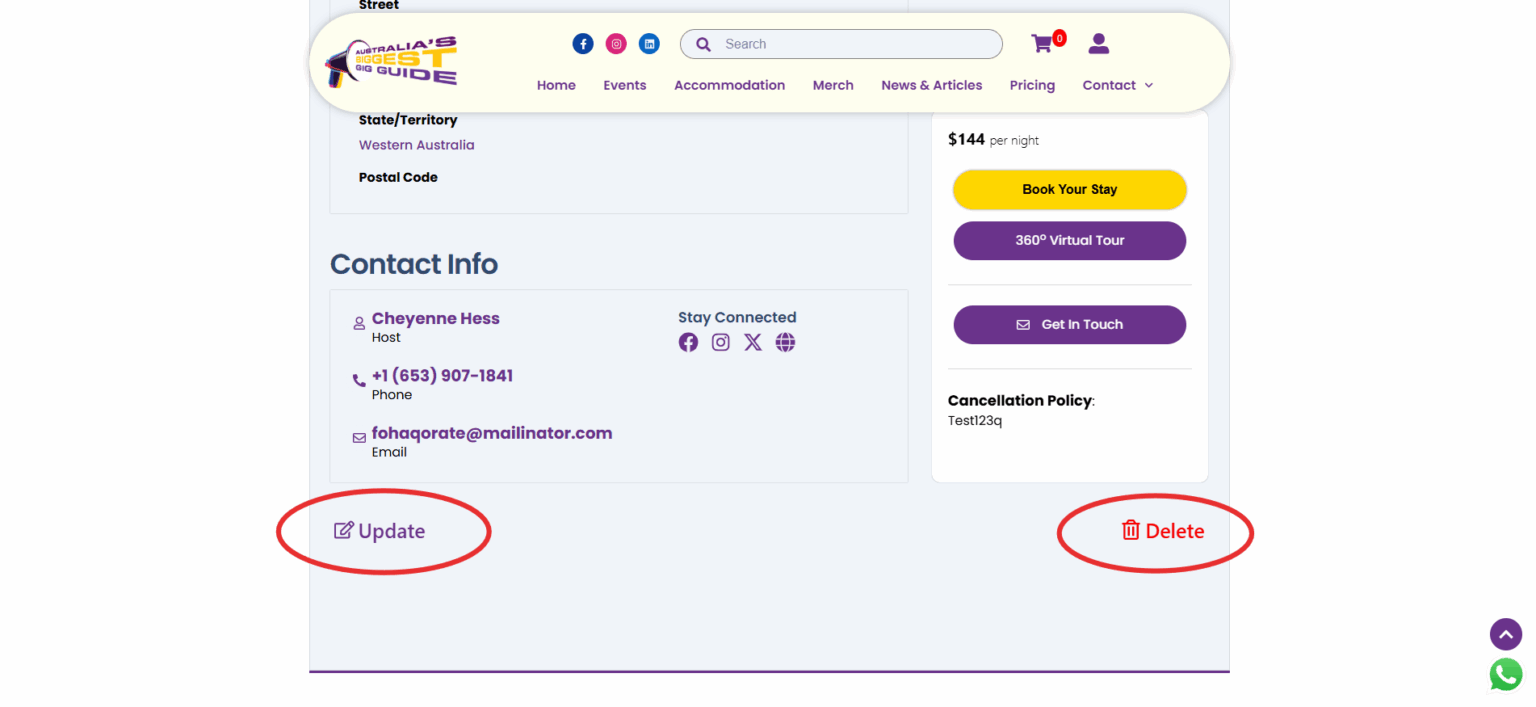 Instruction telling users to scroll to the bottom of the page to edit or delete their accommodation listings.