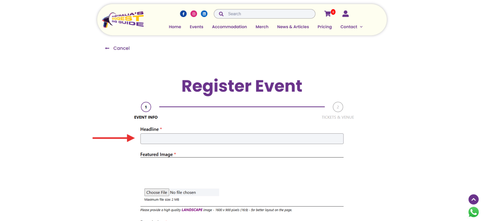 Screenshot of the ABBG event form showing fields to enter event details, reminding users to complete all information before continuing to the next step.