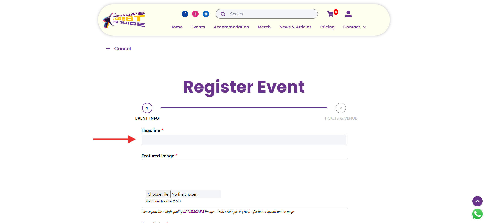 Screenshot of the ABBG event form showing fields to enter event details, reminding users to complete all information before continuing to the next step.