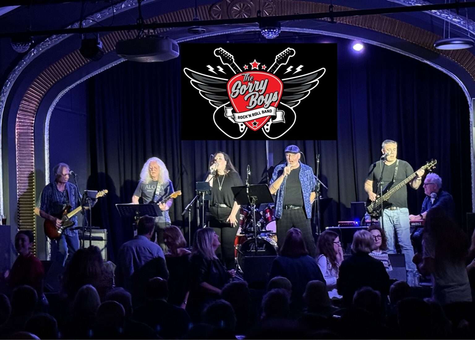 A rock band performs live on stage in front of a crowd, with multiple vocalists and musicians playing guitars, bass, and drums beneath a banner reading “The Sorry Boys Rock ’n’ Roll Band.”