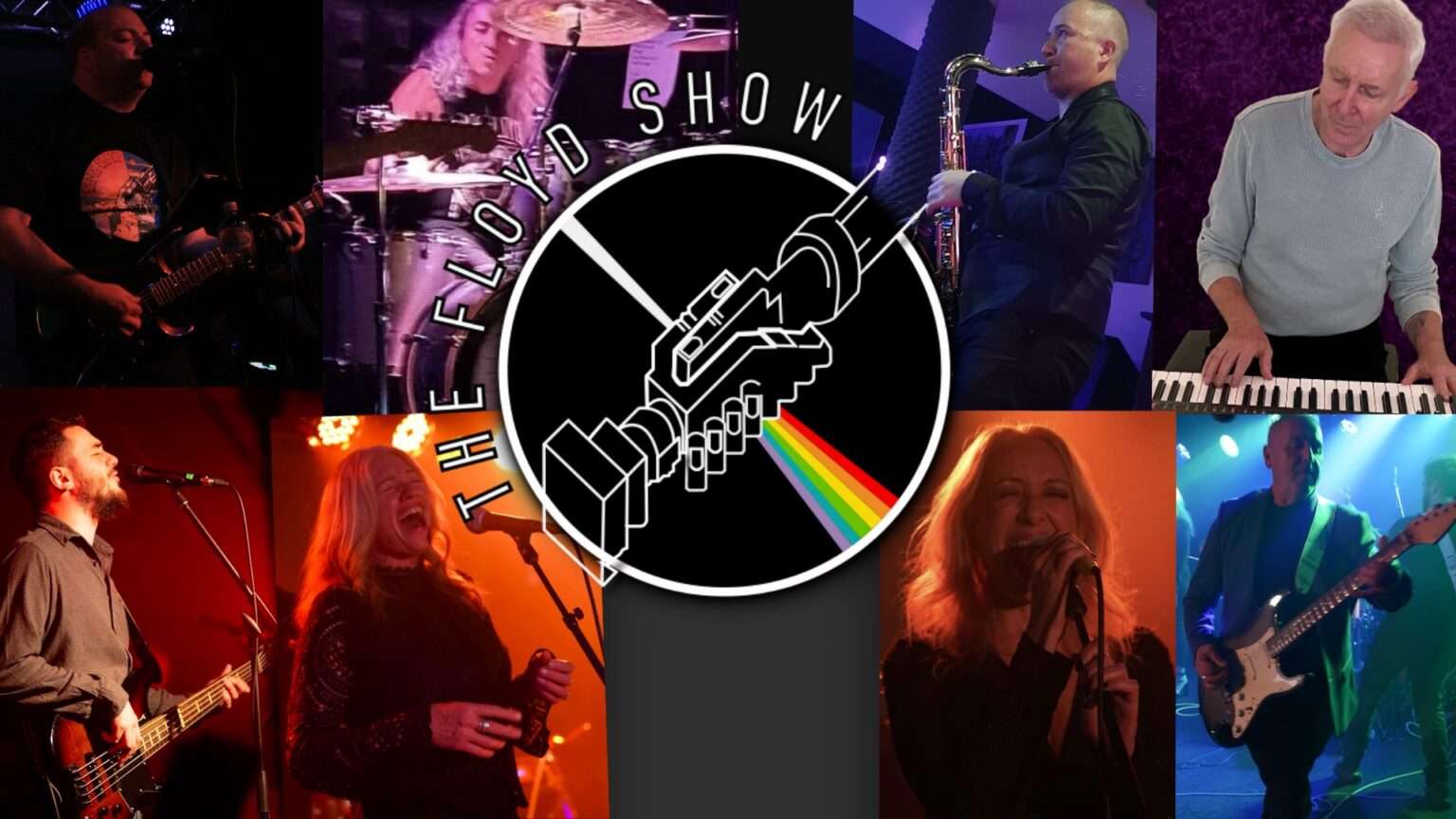 Collage of live musicians performing on stage with a central circular logo reading “The Floyd Show,” featuring singers and players on guitar, drums, saxophone, bass, and keyboards.