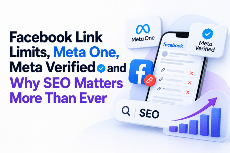 Illustration of Facebook link limits, Meta One, Meta Verified and SEO growth, highlighting the importance of search engine optimisation.